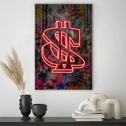 Neon Light Art Dollar, Neon Sign Effect, Canvas Print, Luxury Wall Art Decor, Modern Art