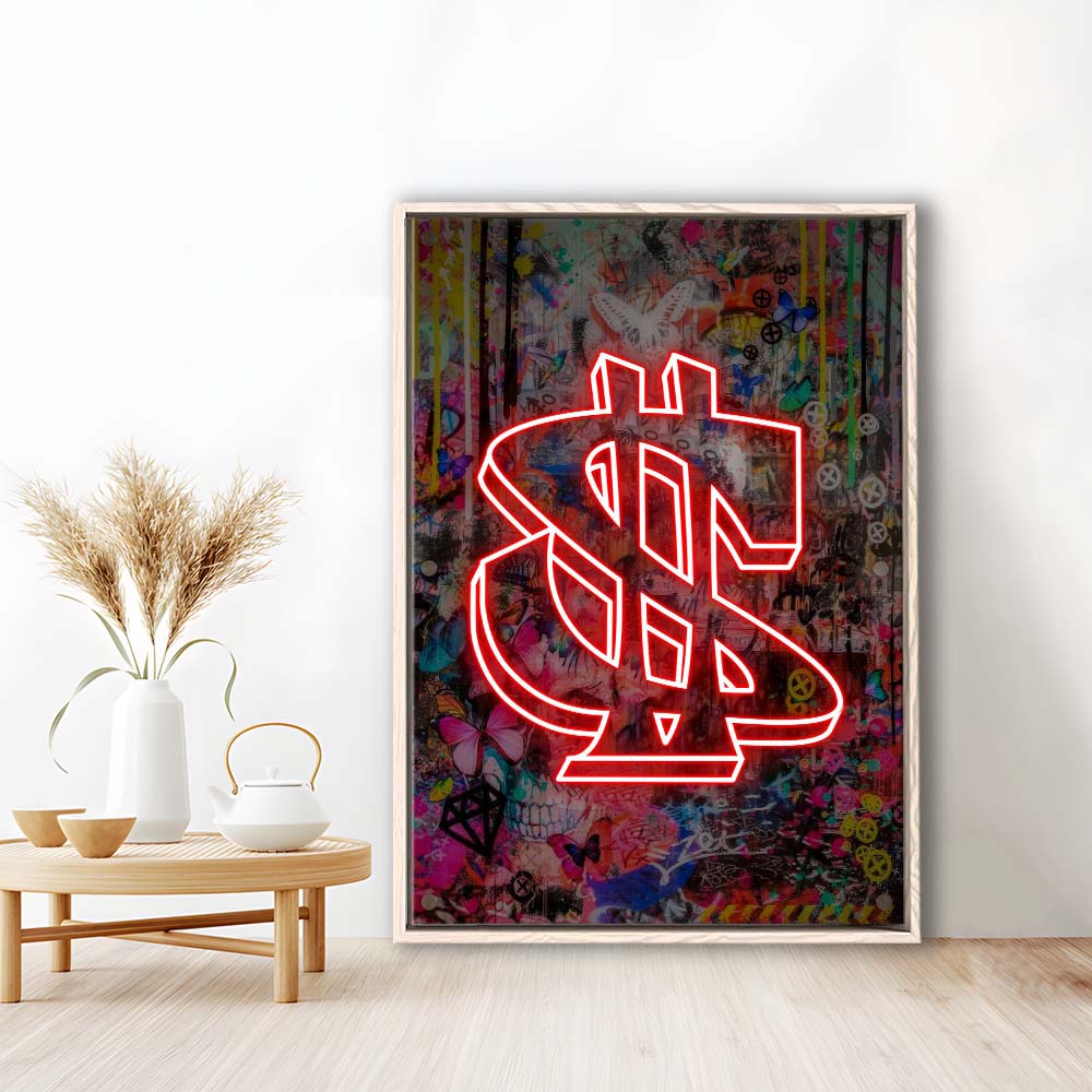 Neon Light Art Dollar, Neon Sign Effect, Framed Canvas Print, Floating Frame, Luxury Wall Art Decor