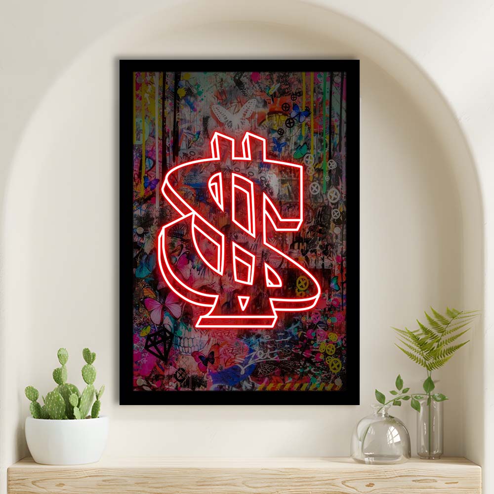Neon Light Art Dollar, Neon Sign Effect, Framed Art Print, Picture Framed Wall Art Decor