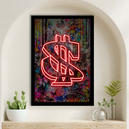 Neon Light Art Dollar, Neon Sign Effect, Framed Art Print, Picture Framed Wall Art Decor
