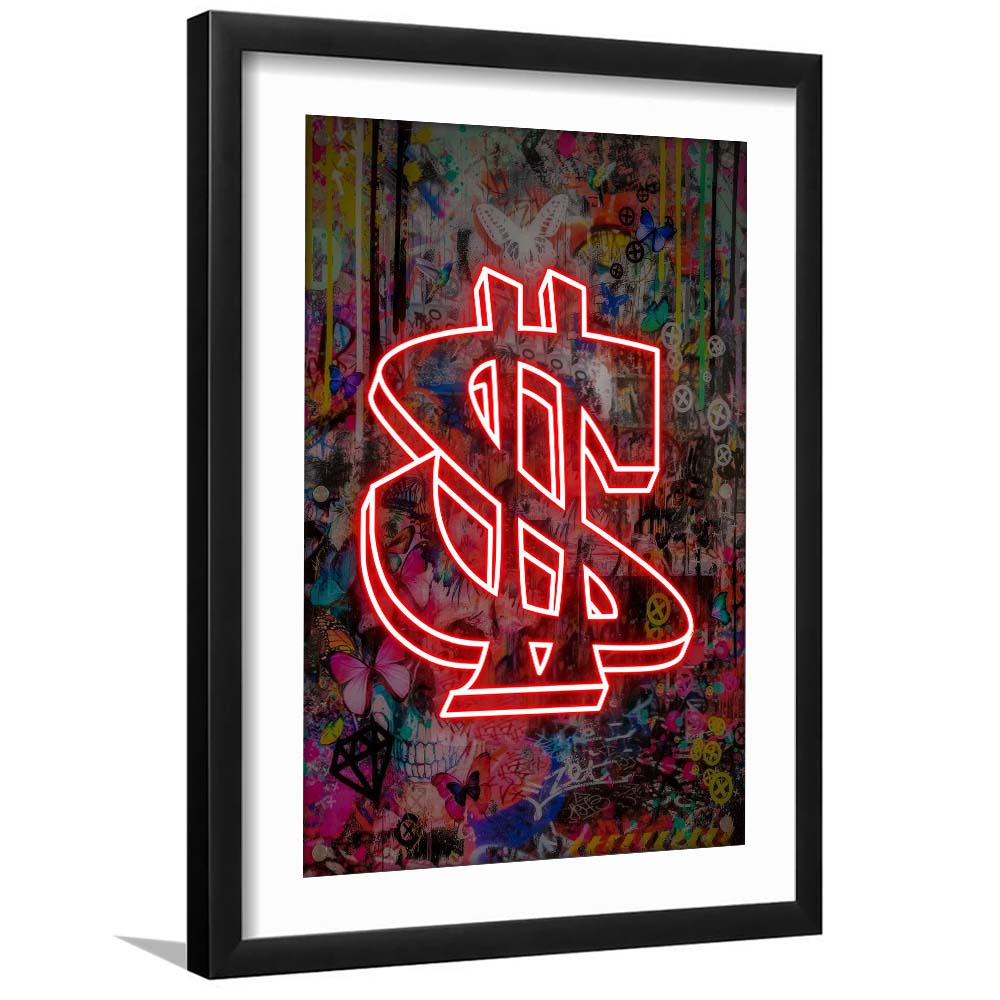 Neon Light Art Dollar, Neon Sign Effect, Framed Art Print, Luxury Pictures Framed, White Border
