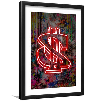Neon Light Art Dollar, Neon Sign Effect, Framed Art Print, Luxury Pictures Framed, White Border