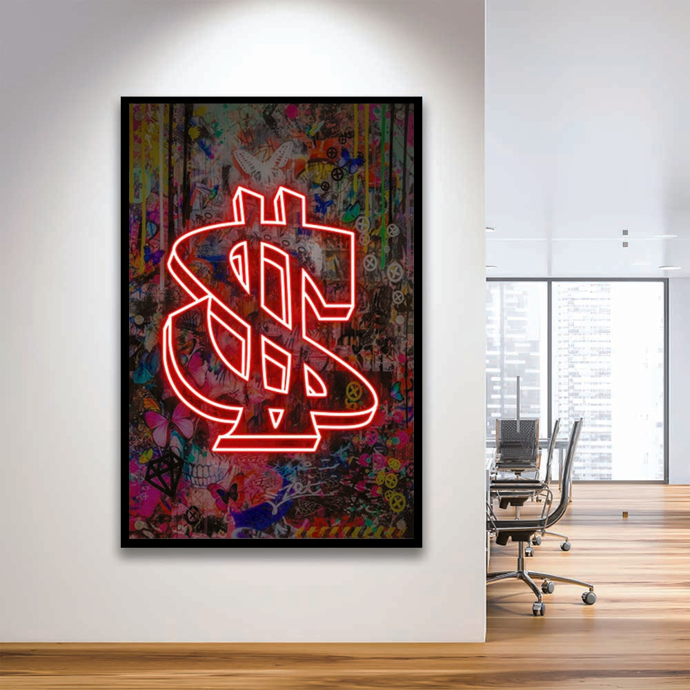 Neon Light Art Dollar, Neon Sign Effect, Framed Art Print, Picture Framed Wall Art Decor