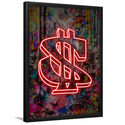 Neon Light Art Dollar, Neon Sign Effect, Framed Art Print, Picture Framed Wall Art Decor