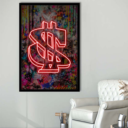Neon Light Art Dollar, Neon Sign Effect, Framed Art Print, Picture Framed Wall Art Decor