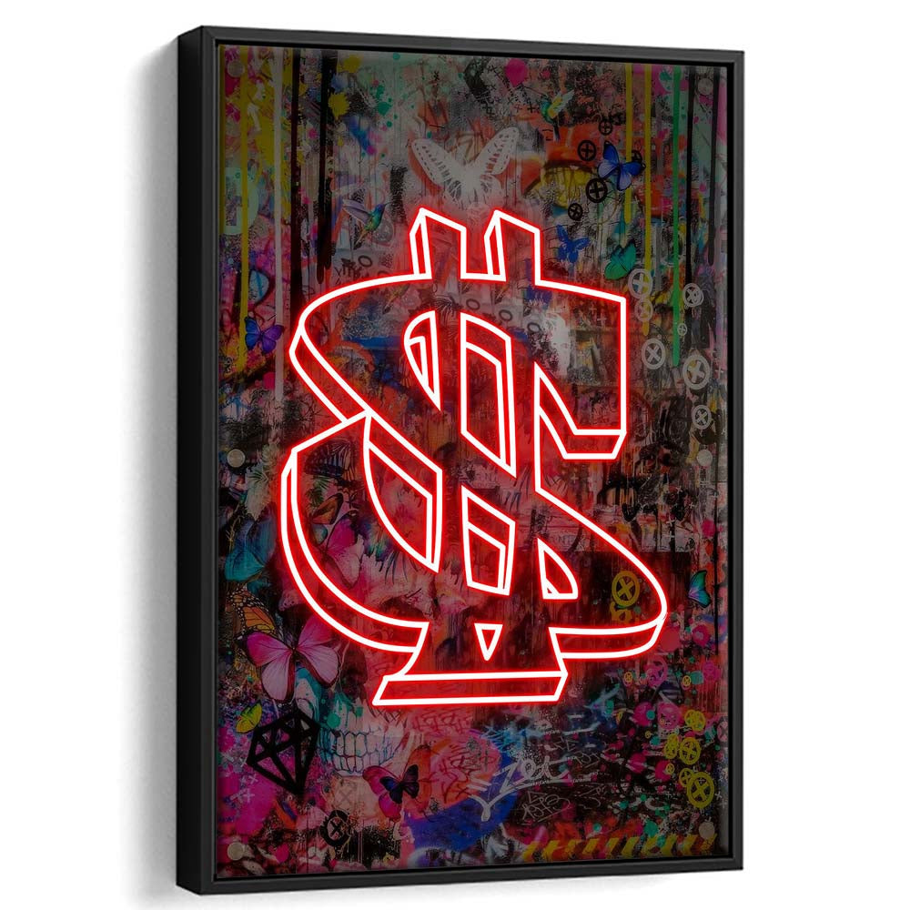 Neon Light Art Dollar, Neon Sign Effect, Framed Canvas Print, Floating Frame, Luxury Wall Art Decor