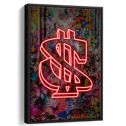 Neon Light Art Dollar, Neon Sign Effect, Framed Canvas Print, Floating Frame, Luxury Wall Art Decor