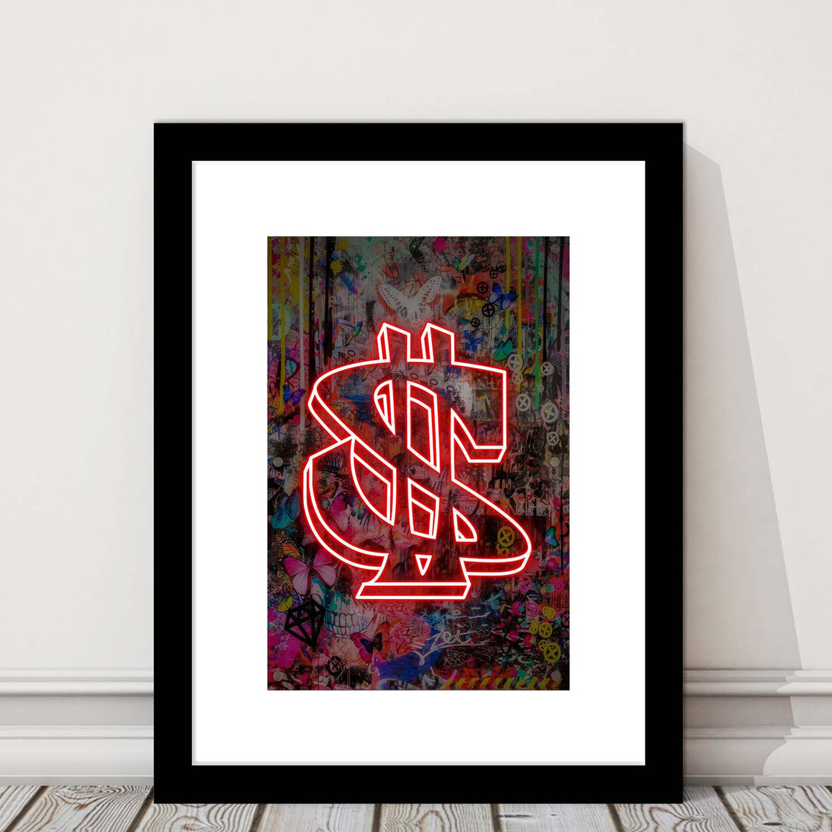 Neon Light Art Dollar, Neon Sign Effect, Framed Art Print, Luxury Pictures Framed, White Border