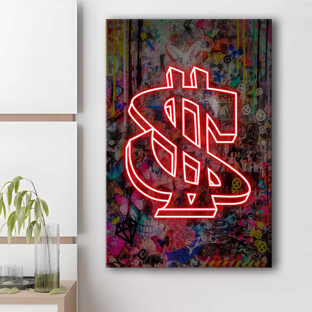 Neon Light Art Dollar, Neon Sign Effect, Canvas Print, Luxury Wall Art Decor, Modern Art