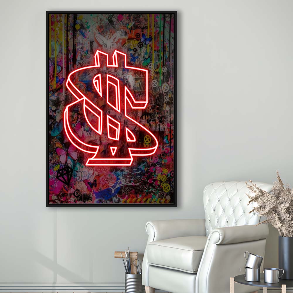 Neon Light Art Dollar, Neon Sign Effect, Framed Canvas Print, Floating Frame, Luxury Wall Art Decor