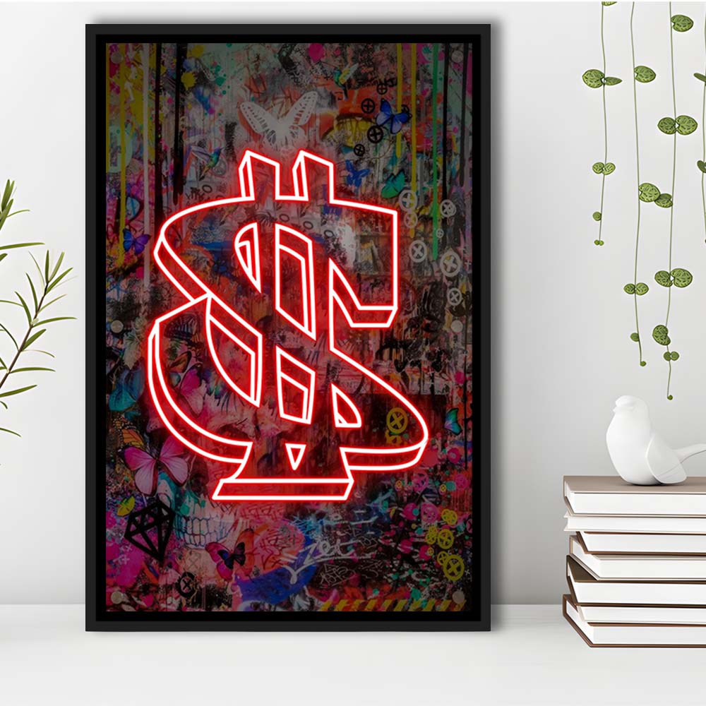 Neon Light Art Dollar, Neon Sign Effect, Framed Canvas Print, Floating Frame, Luxury Wall Art Decor