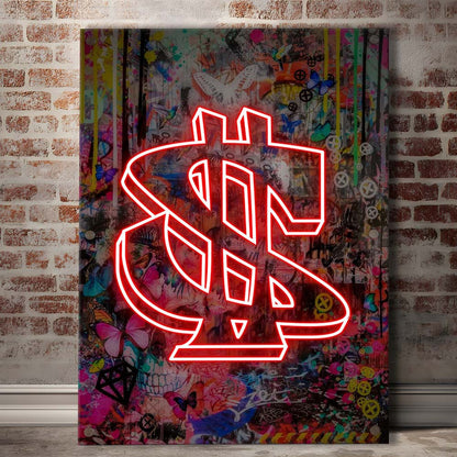 Neon Light Art Dollar, Neon Sign Effect, Canvas Print, Luxury Wall Art Decor, Modern Art