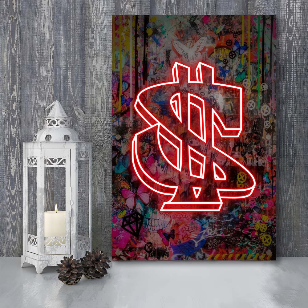 Neon Light Art Dollar, Neon Sign Effect, Canvas Print, Luxury Wall Art Decor, Modern Art