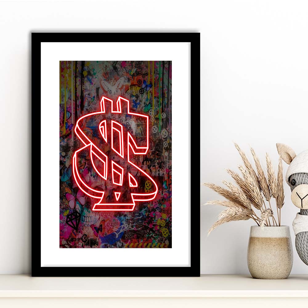 Neon Light Art Dollar, Neon Sign Effect, Framed Art Print, Luxury Pictures Framed, White Border
