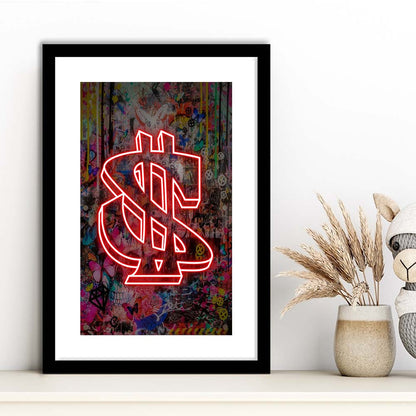 Neon Light Art Dollar, Neon Sign Effect, Framed Art Print, Luxury Pictures Framed, White Border