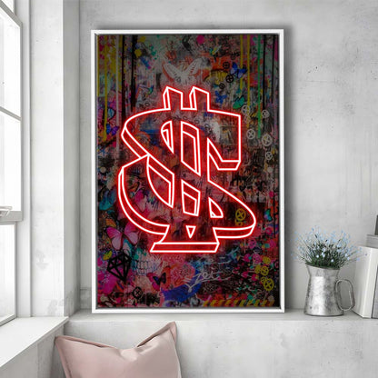 Neon Light Art Dollar, Neon Sign Effect, Framed Canvas Print, Floating Frame, Luxury Wall Art Decor