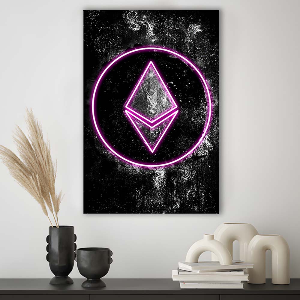 Neon Light Art Ethereum ETH Cryptocurrency, Canvas Print, Luxury Wall Art Decor, Modern Art