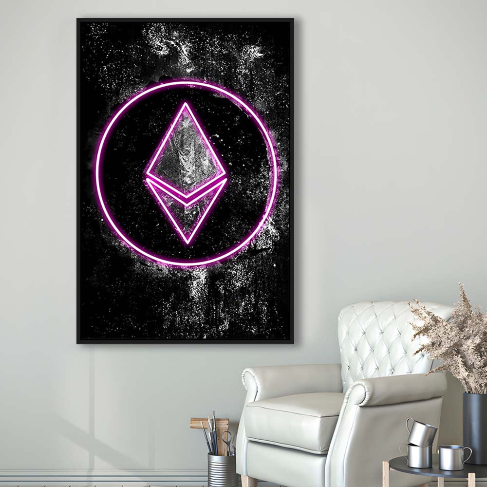 Neon Light Art Ethereum ETH Cryptocurrency, Framed Canvas Print, Floating Frame, Luxury Wall Art Decor