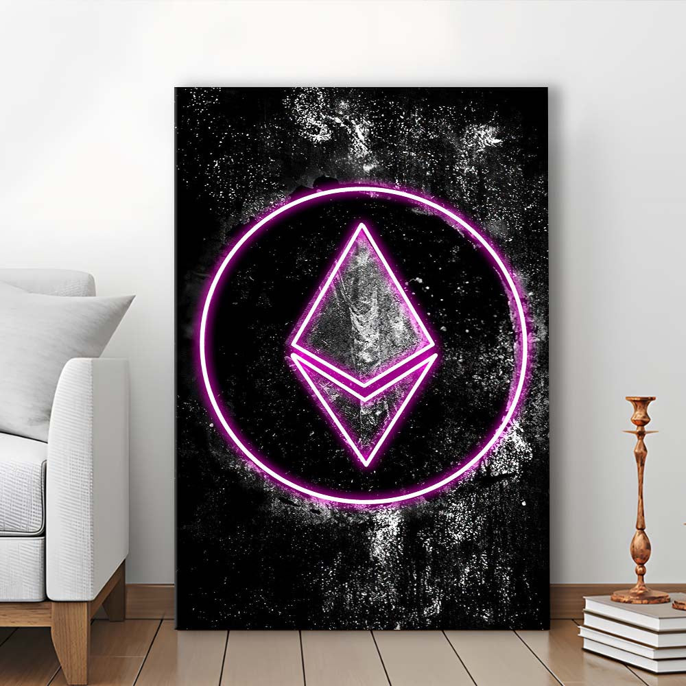 Neon Light Art Ethereum ETH Cryptocurrency, Canvas Print, Luxury Wall Art Decor, Modern Art