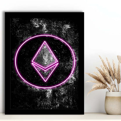 Neon Light Art Ethereum ETH Cryptocurrency, Framed Art Print, Picture Framed Wall Art Decor