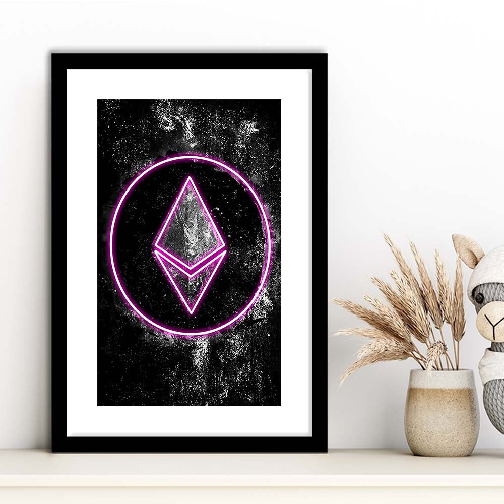 Neon Light Art Ethereum ETH Cryptocurrency, Framed Art Print, Luxury Pictures Framed, White Border