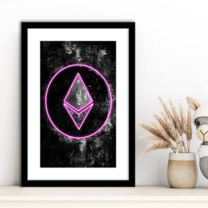 Neon Light Art Ethereum ETH Cryptocurrency, Framed Art Print, Luxury Pictures Framed, White Border