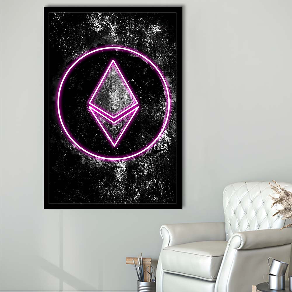 Neon Light Art Ethereum ETH Cryptocurrency, Framed Art Print, Picture Framed Wall Art Decor