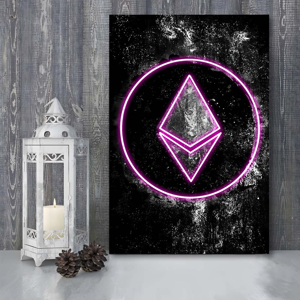 Neon Light Art Ethereum ETH Cryptocurrency, Canvas Print, Luxury Wall Art Decor, Modern Art