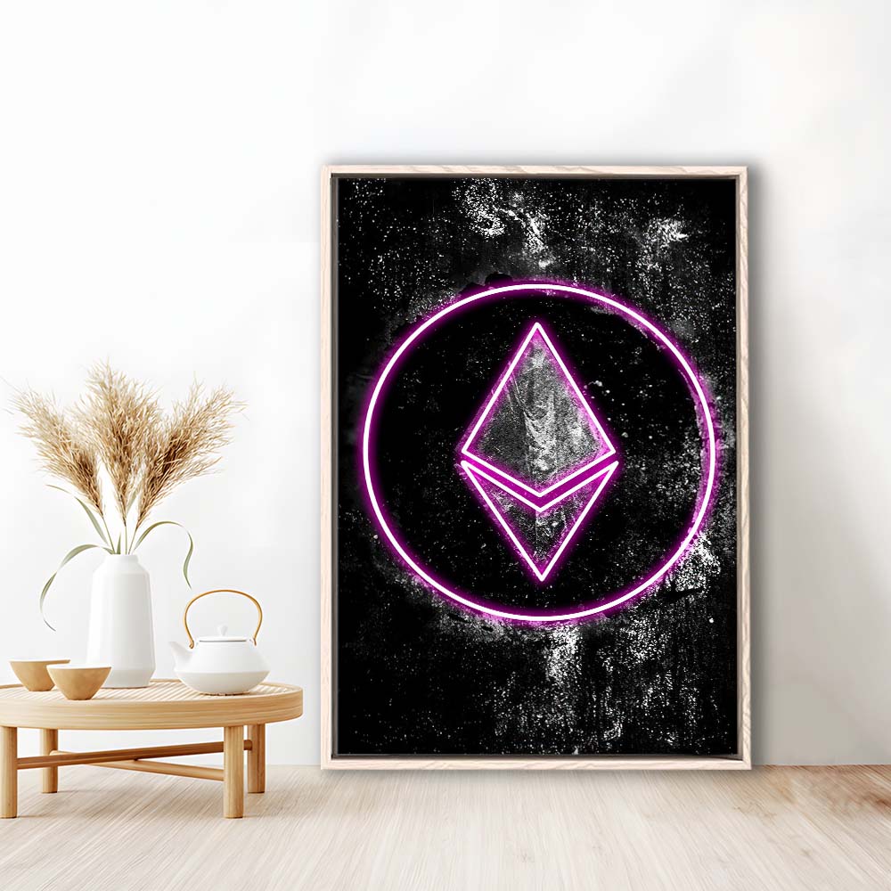 Neon Light Art Ethereum ETH Cryptocurrency, Framed Canvas Print, Floating Frame, Luxury Wall Art Decor