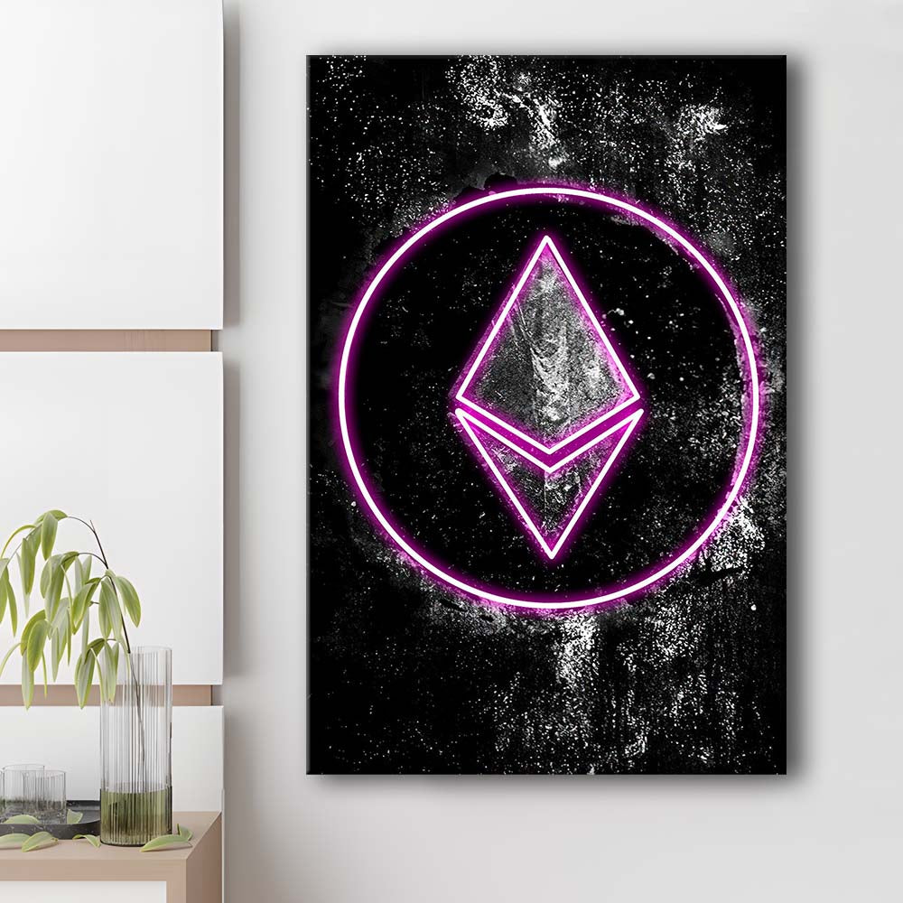 Neon Light Art Ethereum ETH Cryptocurrency, Canvas Print, Luxury Wall Art Decor, Modern Art