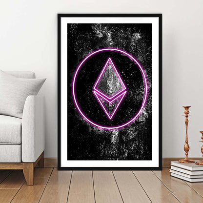 Neon Light Art Ethereum ETH Cryptocurrency, Framed Art Print, Luxury Pictures Framed, White Border