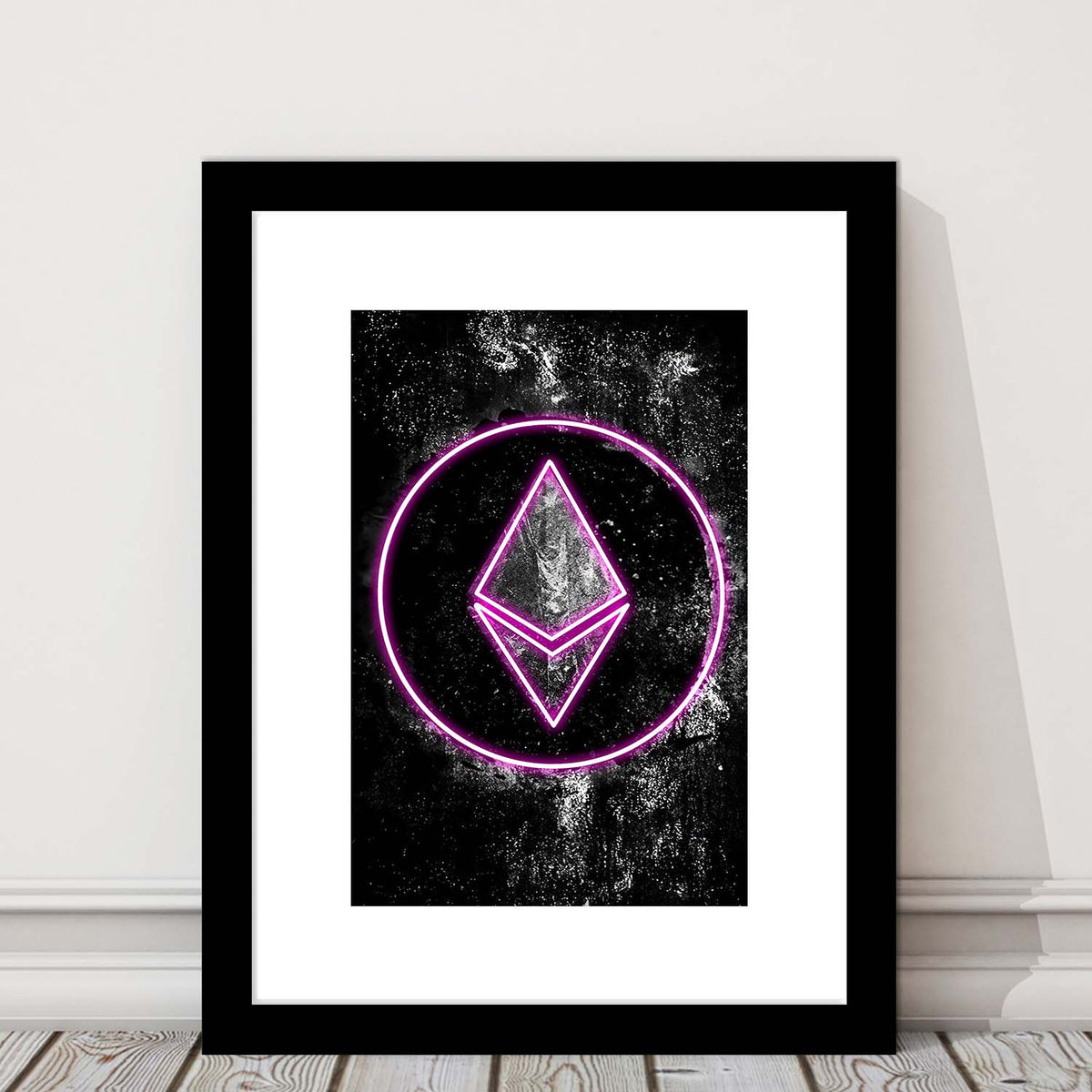 Neon Light Art Ethereum ETH Cryptocurrency, Framed Art Print, Luxury Pictures Framed, White Border