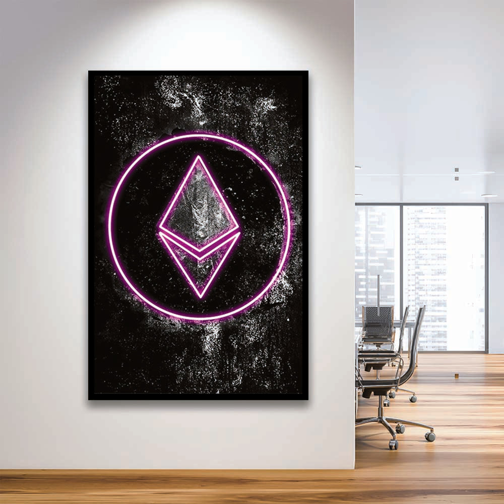 Neon Light Art Ethereum ETH Cryptocurrency, Framed Art Print, Picture Framed Wall Art Decor