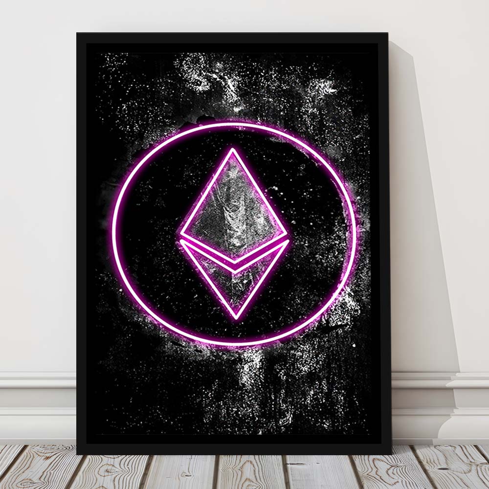 Neon Light Art Ethereum ETH Cryptocurrency, Framed Canvas Print, Floating Frame, Luxury Wall Art Decor