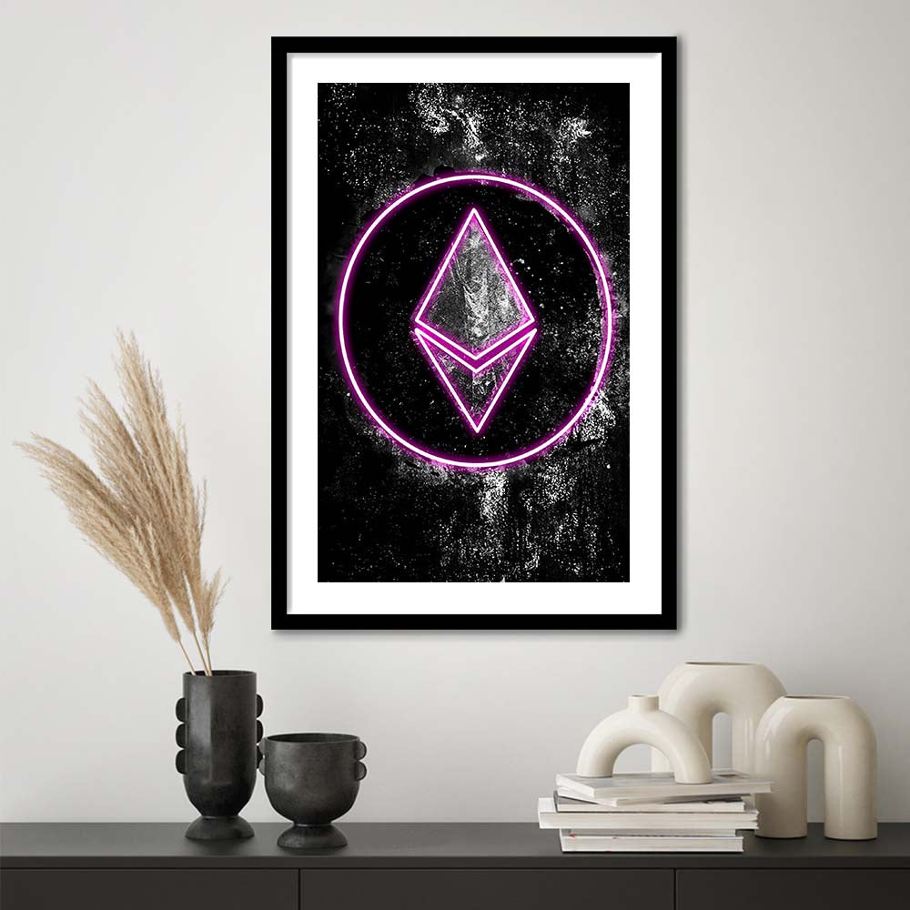 Neon Light Art Ethereum ETH Cryptocurrency, Framed Art Print, Luxury Pictures Framed, White Border
