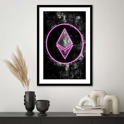 Neon Light Art Ethereum ETH Cryptocurrency, Framed Art Print, Luxury Pictures Framed, White Border