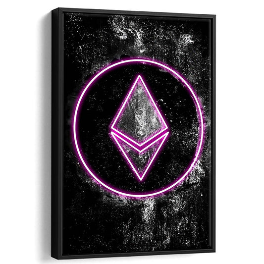 Neon Light Art Ethereum ETH Cryptocurrency, Framed Canvas Print, Floating Frame, Luxury Wall Art Decor