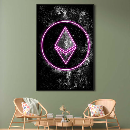 Neon Light Art Ethereum ETH Cryptocurrency, Framed Canvas Print, Floating Frame, Luxury Wall Art Decor