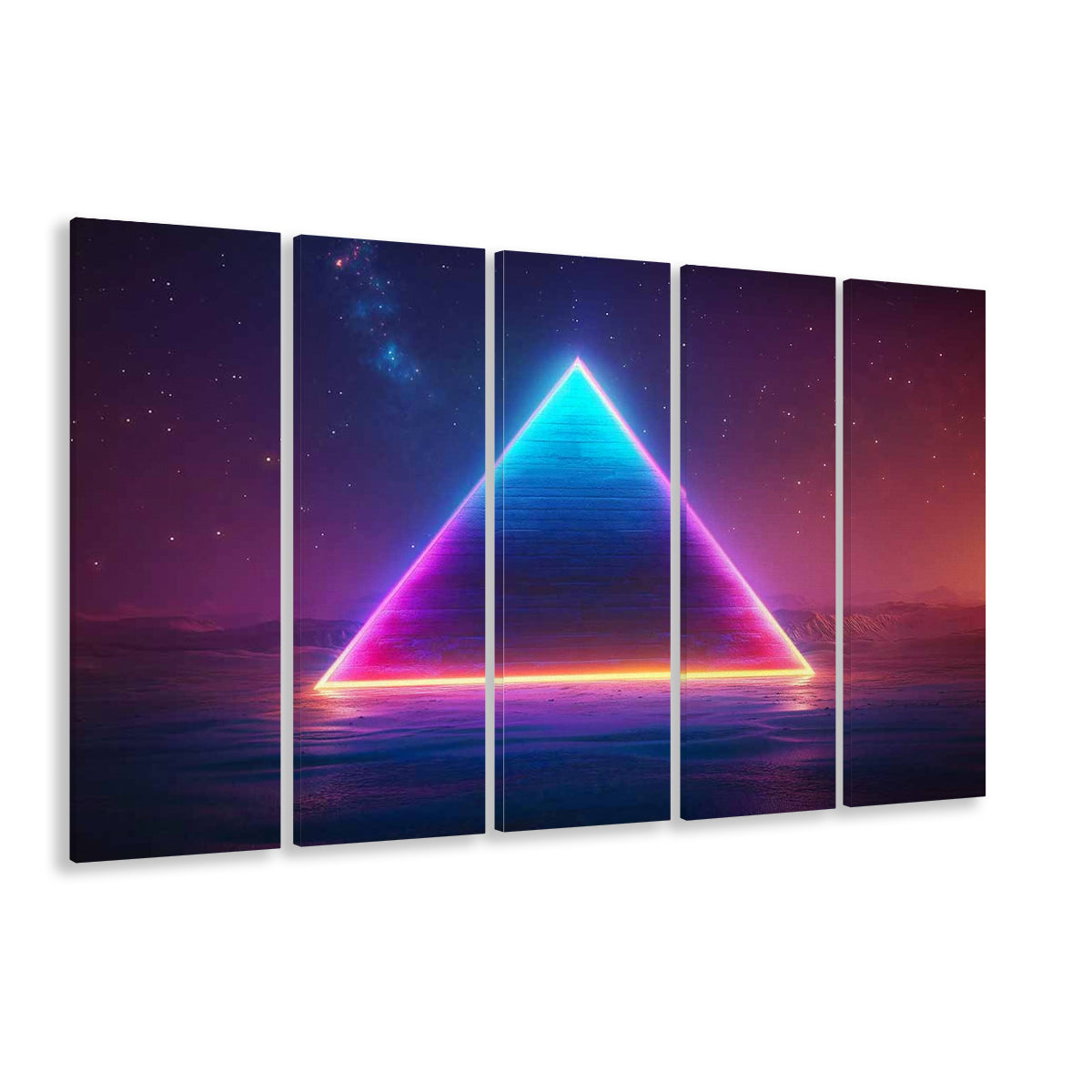 Neon Pyramid Canvas Print, Space Geometry Wall Decor, Starry Night Sky Painting, 5 Piece B Extra Large Cavas Print Wall Art