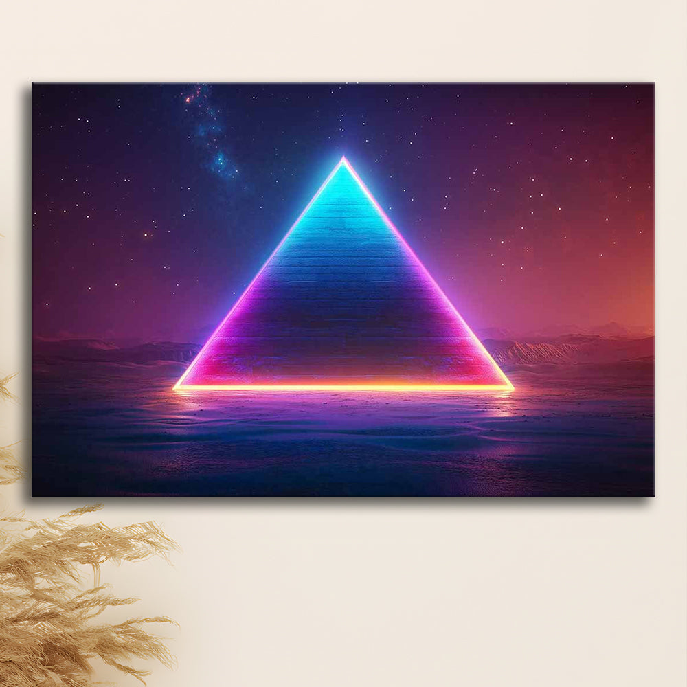 Neon Pyramid Canvas Print, Space Geometry Wall Decor, Starry Night Sky Painting, Cavas Print Wall Art Hom Decor