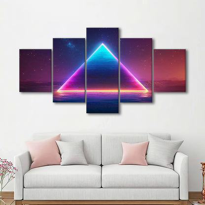 Neon Pyramid Canvas Print, Space Geometry Wall Decor, Starry Night Sky Painting, 5 Piece Large Cavas Print Wall Art