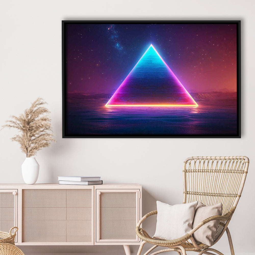 Neon Pyramid Canvas Print, Space Geometry Wall Decor, Starry Night Sky Painting, Framed Cavas Print, Floating Frame