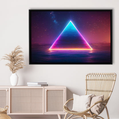 Neon Pyramid Canvas Print, Space Geometry Wall Decor, Starry Night Sky Painting, Framed Cavas Print, Floating Frame