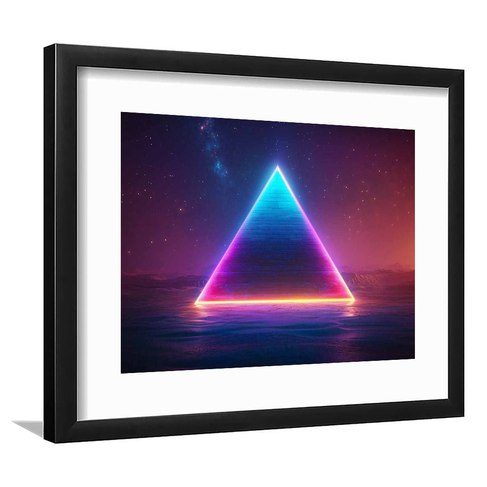 Neon Pyramid Art Print, Space Geometry Wall Decor, Starry Night Sky Painting, Framed Art Print White Border