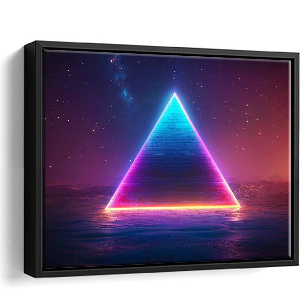 Neon Pyramid Canvas Print, Space Geometry Wall Decor, Starry Night Sky Painting, Framed Cavas Print, Floating Frame