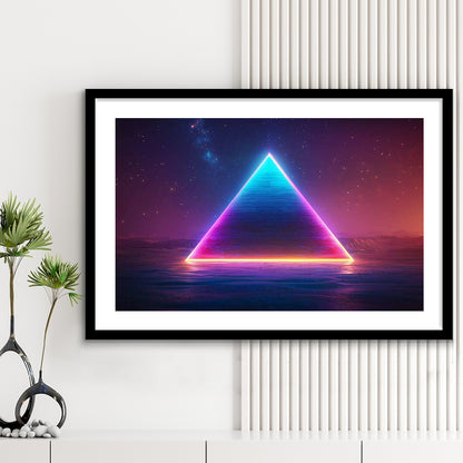 Neon Pyramid Art Print, Space Geometry Wall Decor, Starry Night Sky Painting, Framed Art Print White Border
