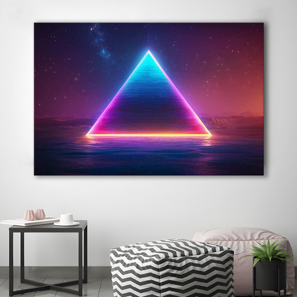 Neon Pyramid Canvas Print, Space Geometry Wall Decor, Starry Night Sky Painting, Cavas Print Wall Art Hom Decor