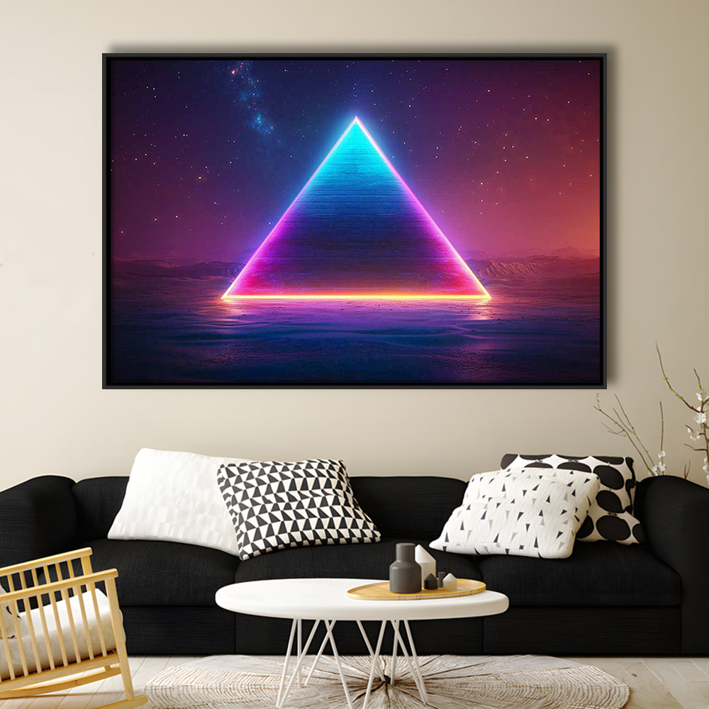 Neon Pyramid Canvas Print, Space Geometry Wall Decor, Starry Night Sky Painting, Framed Cavas Print, Floating Frame