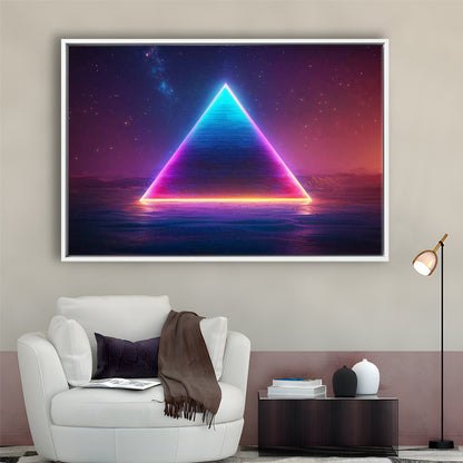 Neon Pyramid Canvas Print, Space Geometry Wall Decor, Starry Night Sky Painting, Framed Cavas Print, Floating Frame