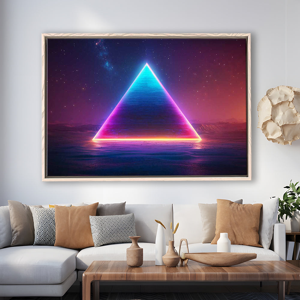 Neon Pyramid Canvas Print, Space Geometry Wall Decor, Starry Night Sky Painting, Framed Cavas Print, Floating Frame
